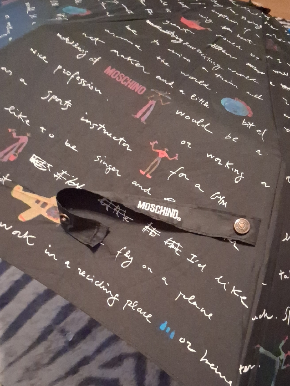 Moschino Black Umbrella with Multicolor Script & Figures